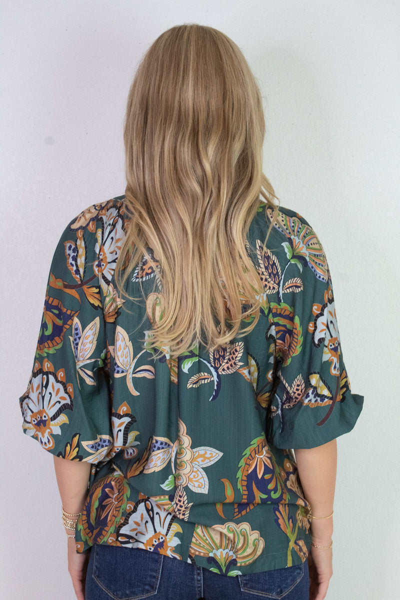 Cecilia Printed Half Sleeve Blouse, Teal