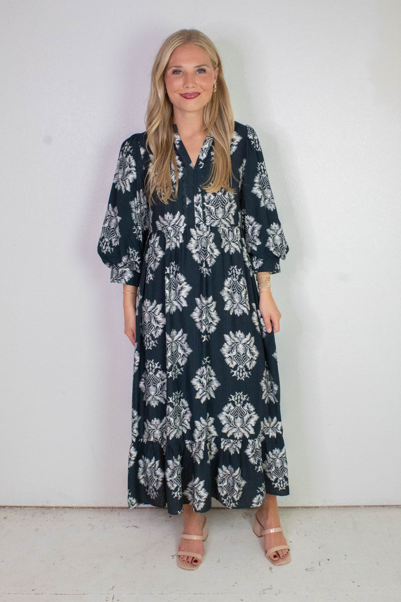 Cecilia Boho Floral Midi Dress, Navy