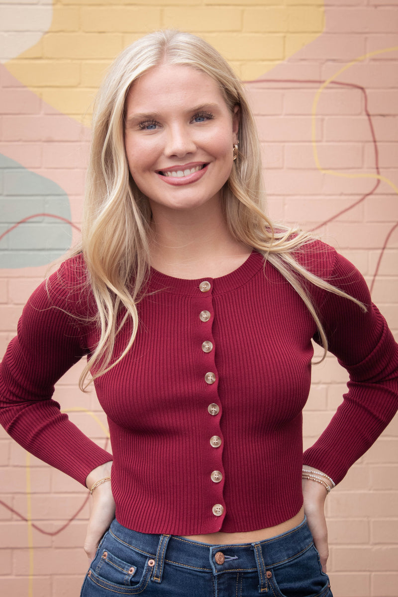 Josie Rib Knit Cropped Cardigan, Red Wood