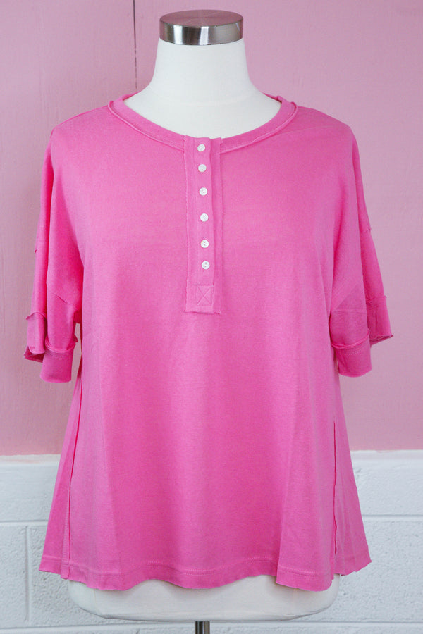 Caroline Button Neck Top, Pink | Plus Size