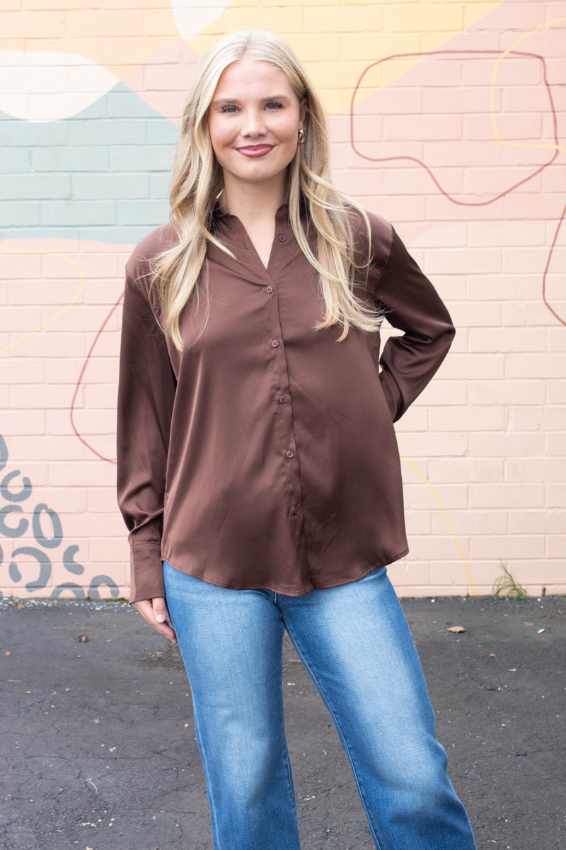 Valentina Silky Button Down Top, Dark Oak