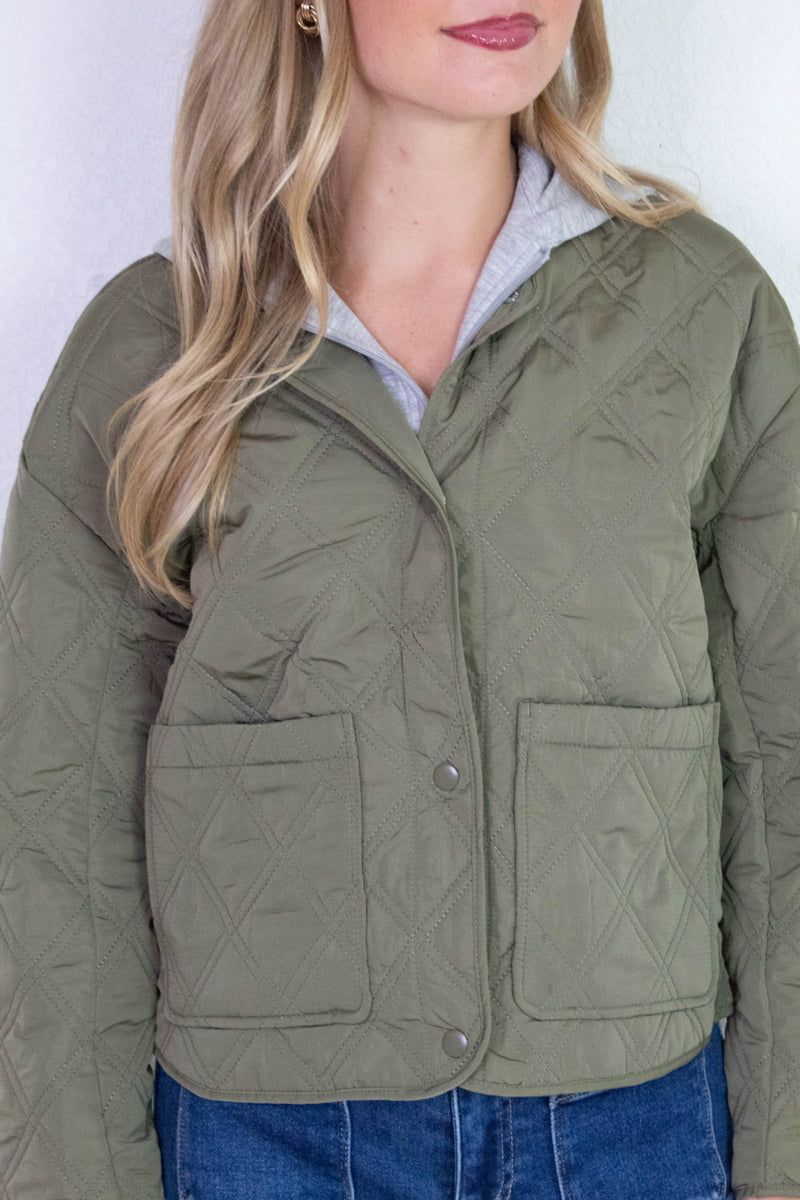 Iris Quilted Contrast Hood Jacket, Olive