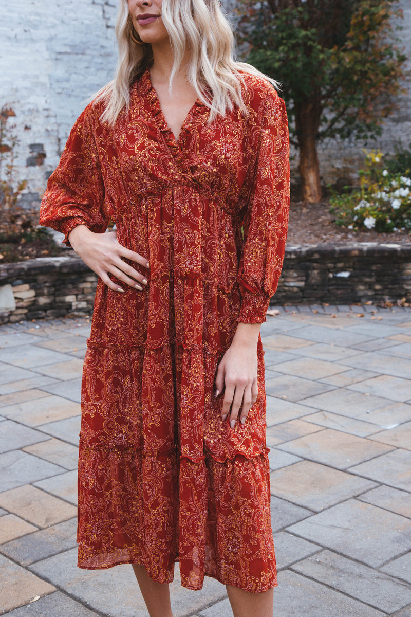 Kinsley Three Quarter Sleeve Printed Tiered Maxi Dress, Wine