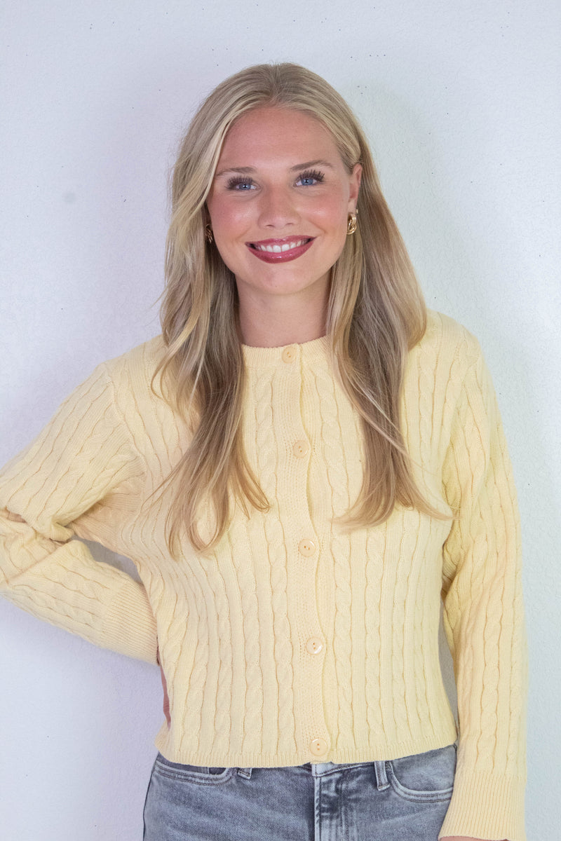 Josephine Cable Knit Boxy Cardigan, Butter