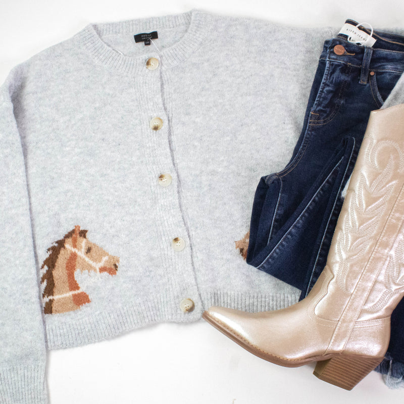 Horse Print Button Up Cardigan, Grey