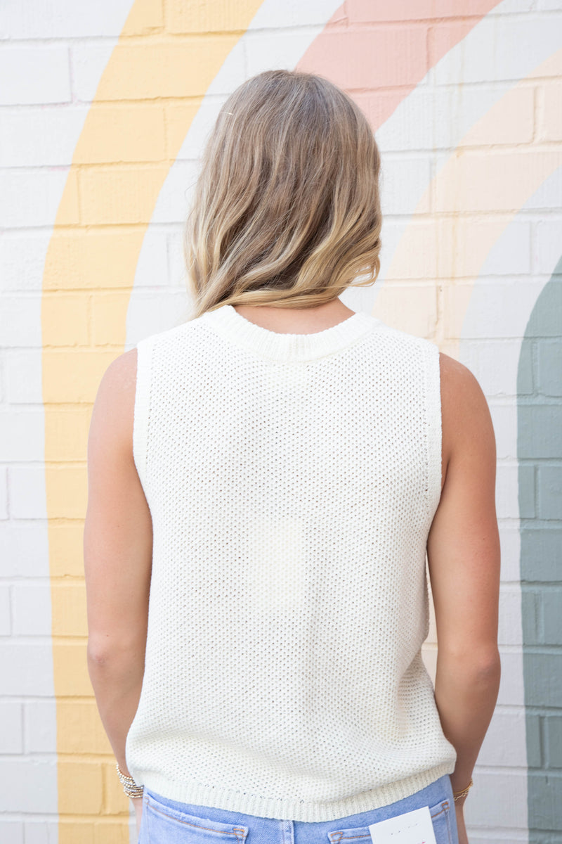 Joelle Bow Embroidered Sweater Tank, Off White