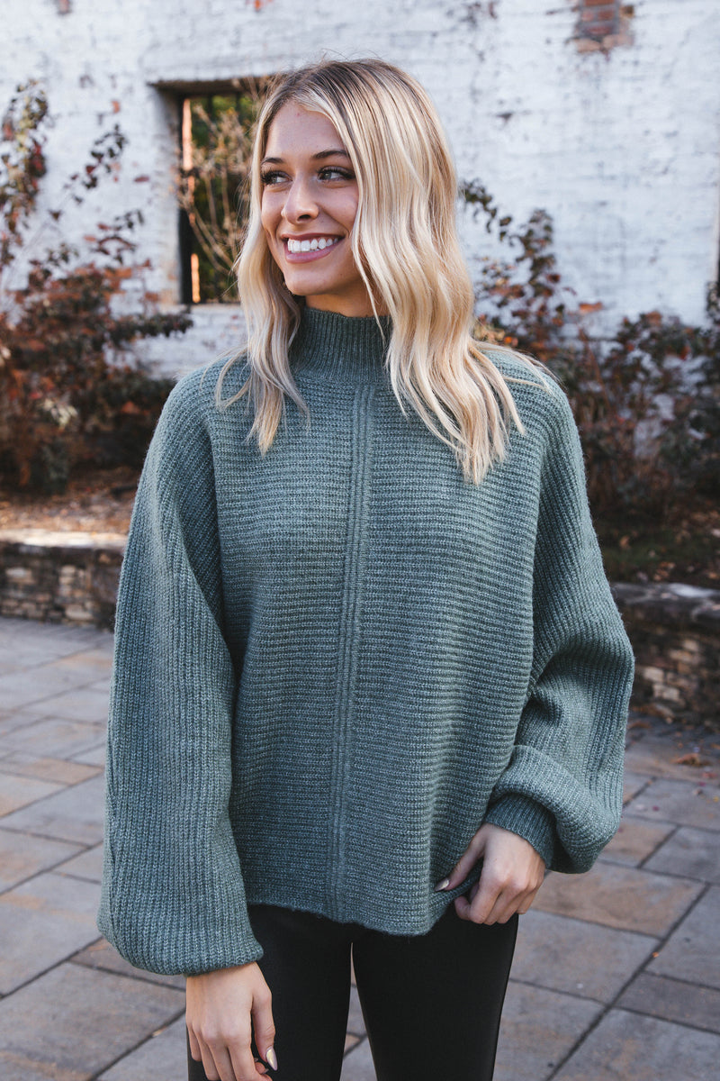 Elsie Chunky Mock Neck Sweater, Gray Green