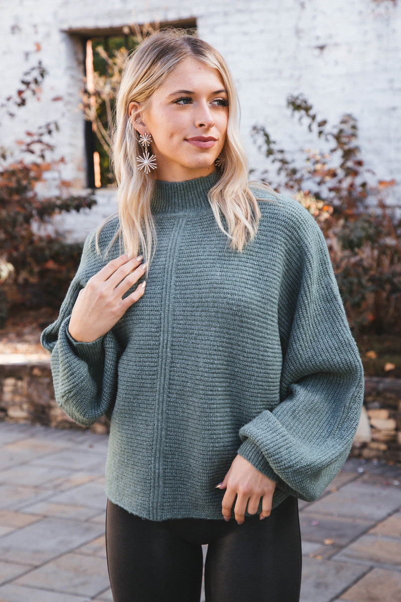 Elsie Chunky Mock Neck Sweater, Gray Green