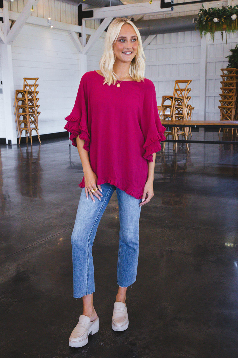 Margot Frayed Linen Top, Ruby | Extended Sizes