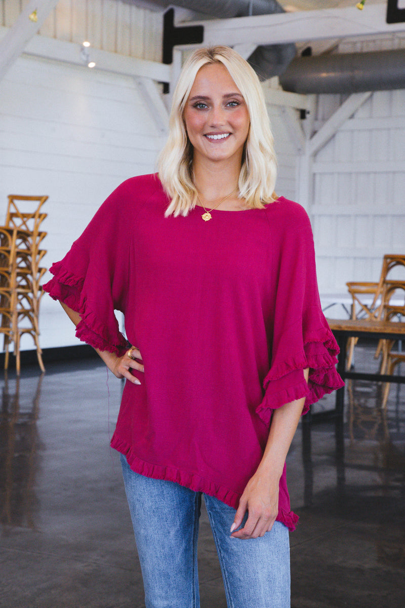 Margot Frayed Linen Top, Ruby | Extended Sizes