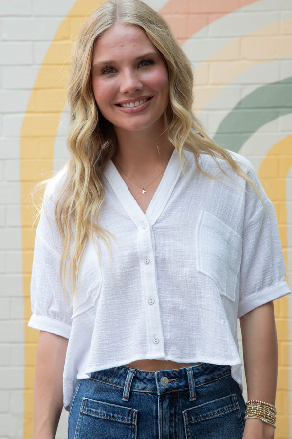 Janelle Cotton Gauze Crop Shirt, Off White