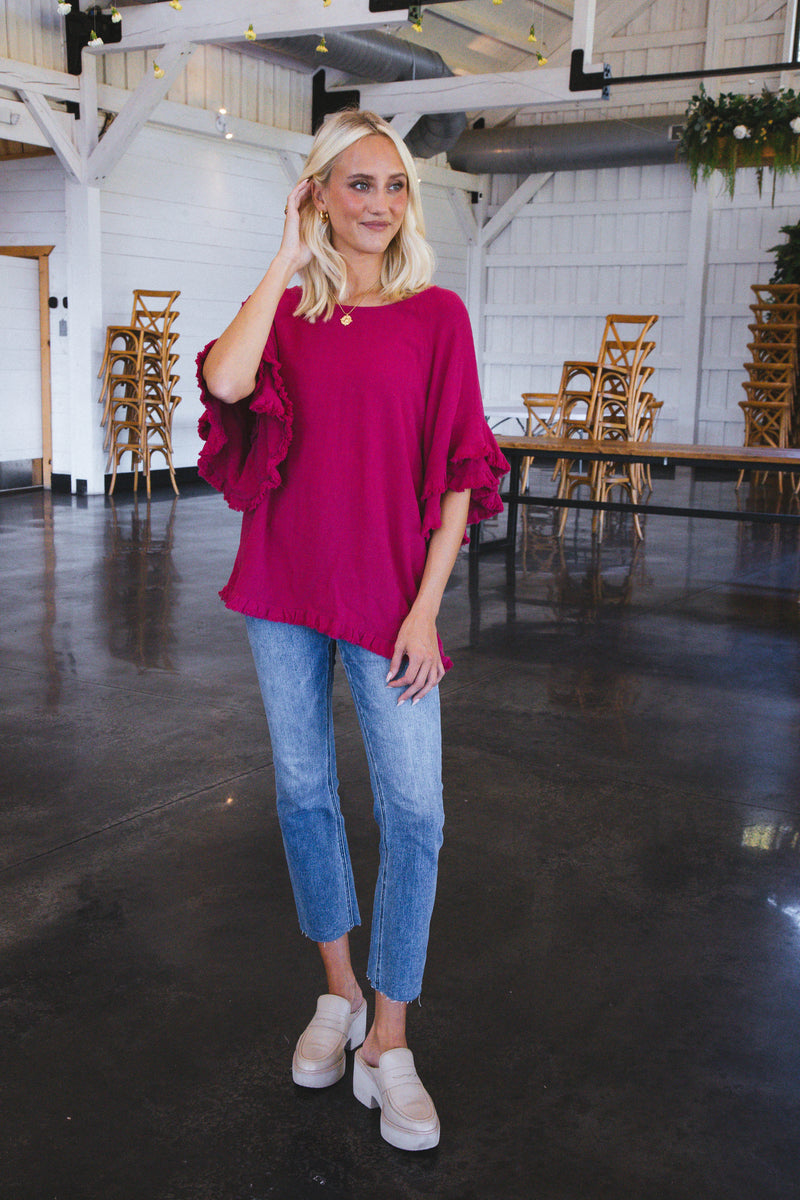 Margot Frayed Linen Top, Ruby | Extended Sizes