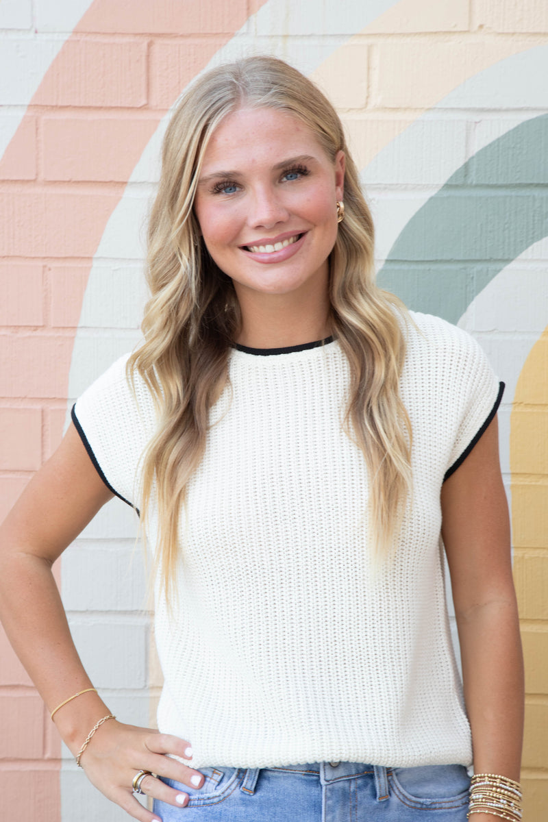 Amelia Contrast Trim Sweater Top, Cream