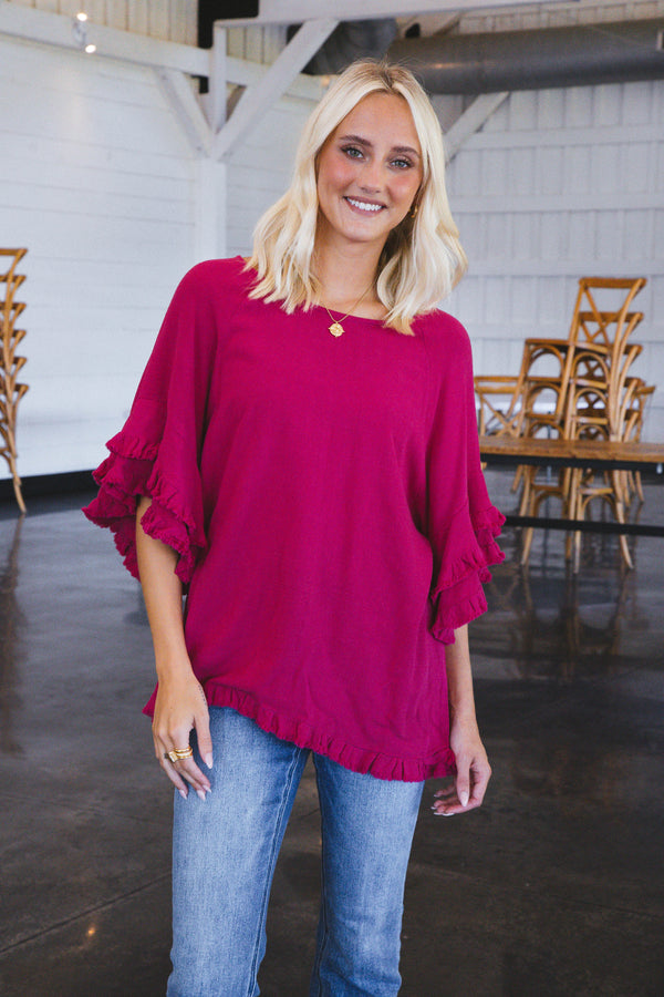 Margot Frayed Linen Top, Ruby | Extended Sizes