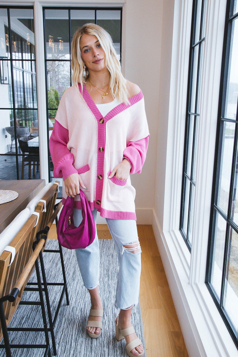 Elliana Colorblock Long Cardigan, Hot Pink Multi