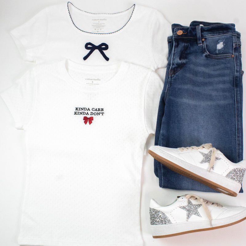 Kinda Care Kinda Don't Pointelle Baby Tee, Off White
