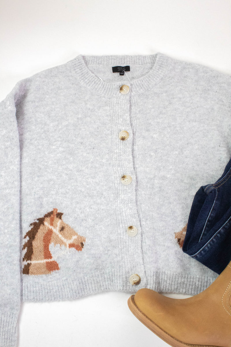 Horse Print Button Up Cardigan, Grey