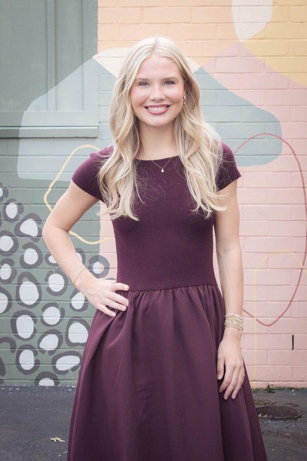 Lillian Woven Knit Mix Dress, Maroon
