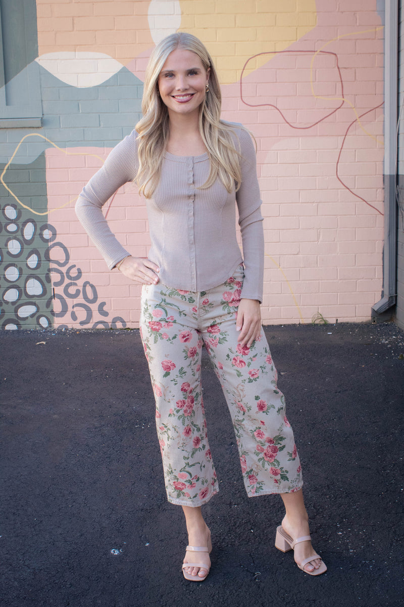 Opal Waffle Knit Snap Button Top, Mocha