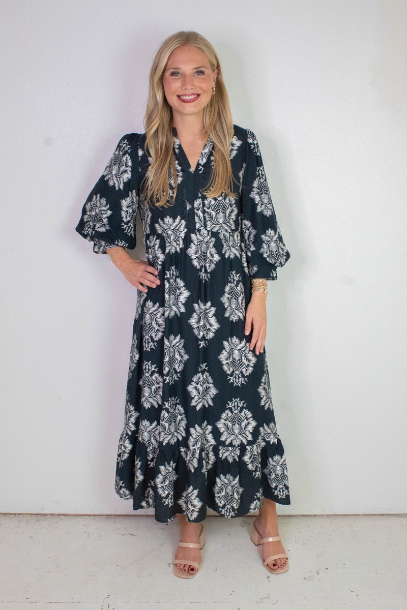 Cecilia Boho Floral Midi Dress, Navy