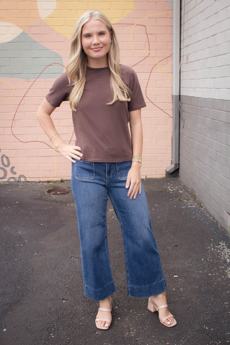 Kaia Crop Wide Leg Patch Pocket Jeans, Dark