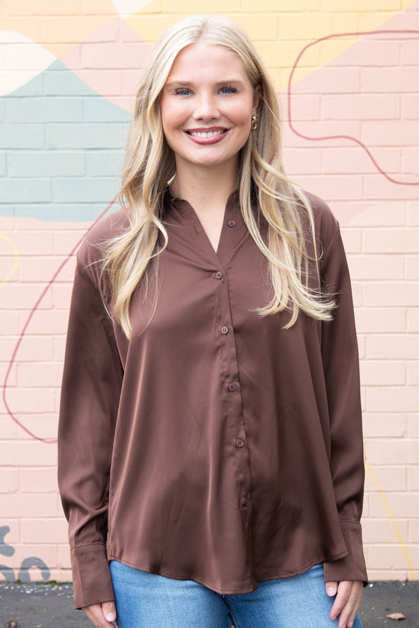 Valentina Silky Button Down Top, Dark Oak