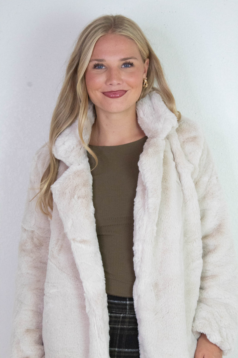 Ayla Faux Fur Collared Long Coat, Tan