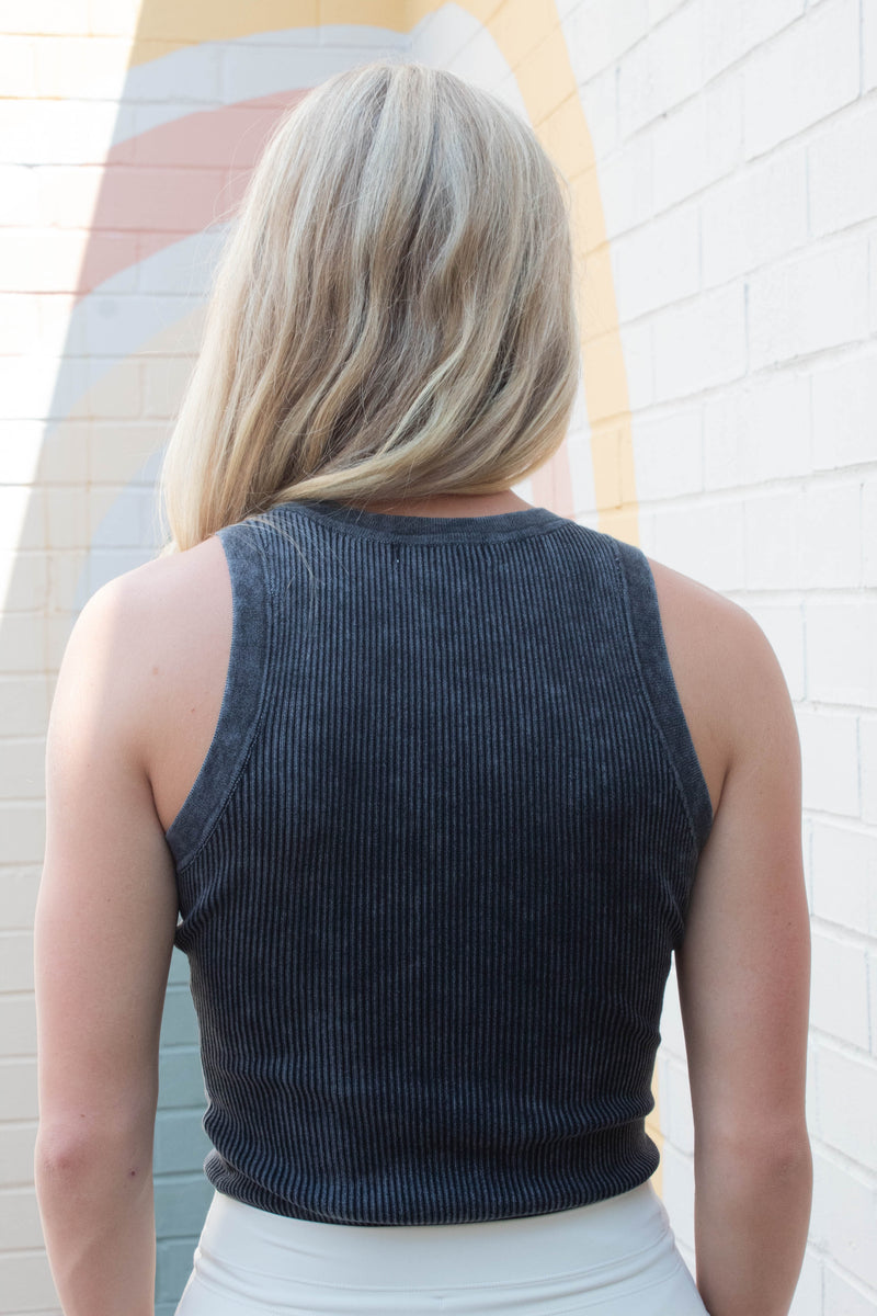 Elowen Washed Ribbed Tank Top, Charcoal