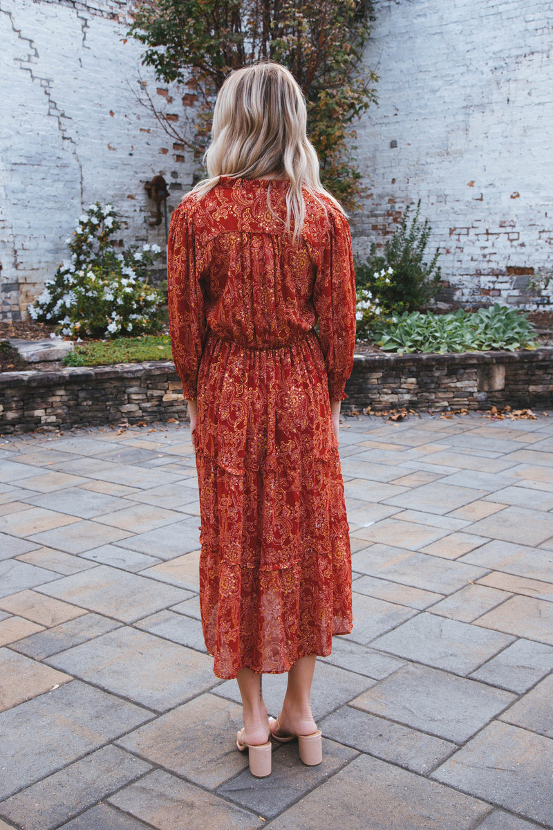 Kinsley Three Quarter Sleeve Printed Tiered Maxi Dress, Wine