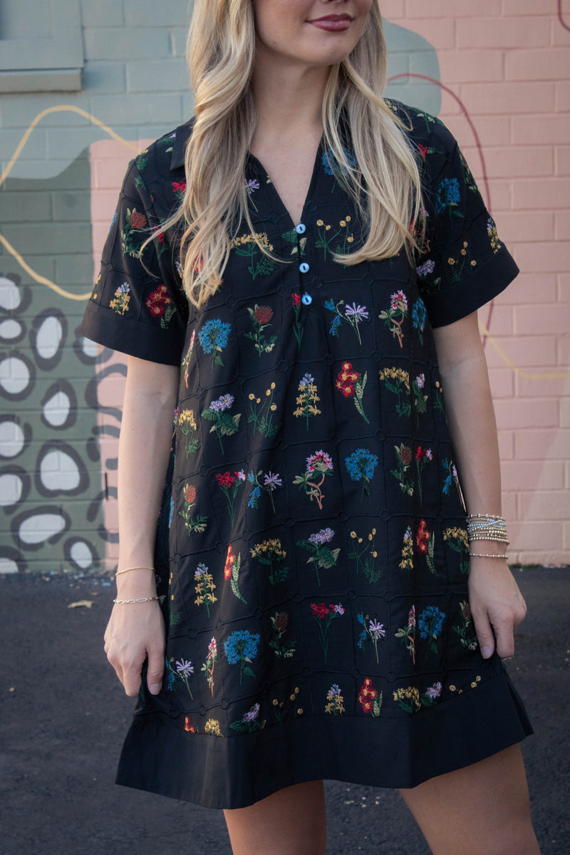 Abigail Floral Embroidered Dress, Black