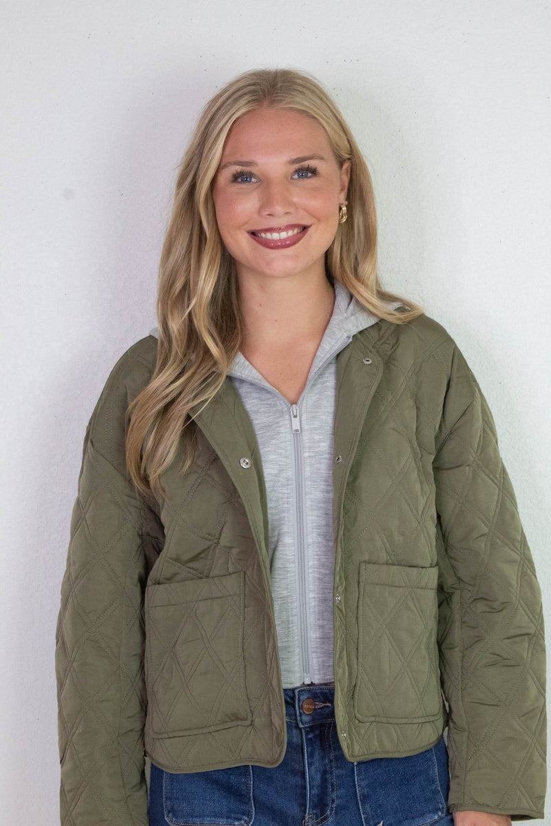Iris Quilted Contrast Hood Jacket, Olive