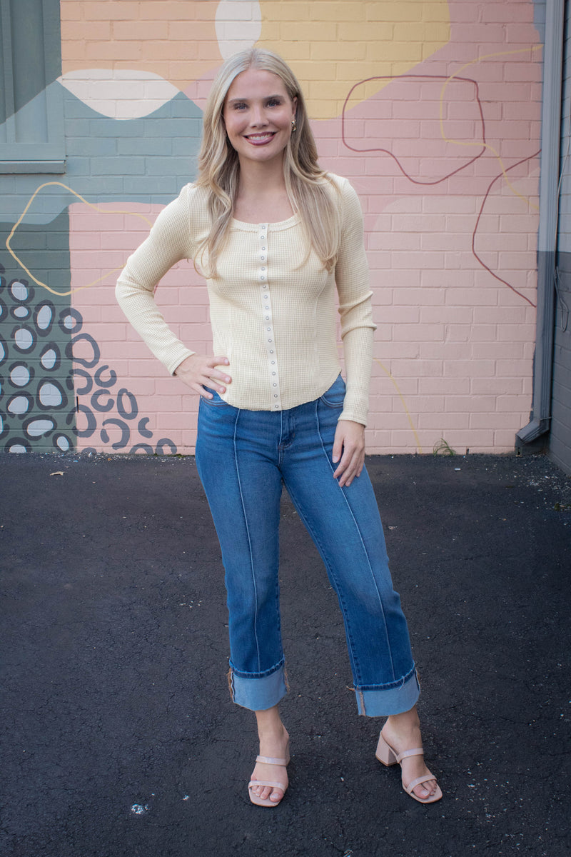 Opal Waffle Knit Snap Button Top, Yellow