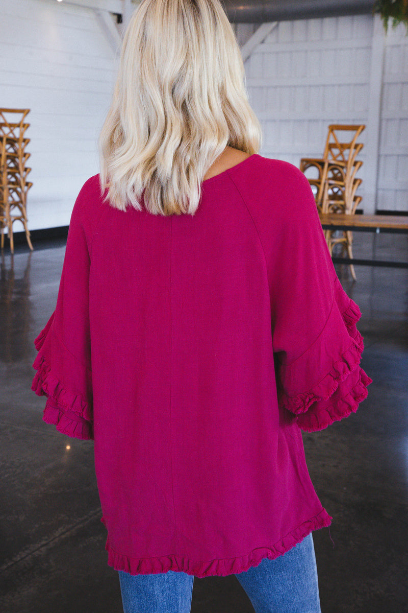 Margot Frayed Linen Top, Ruby | Extended Sizes