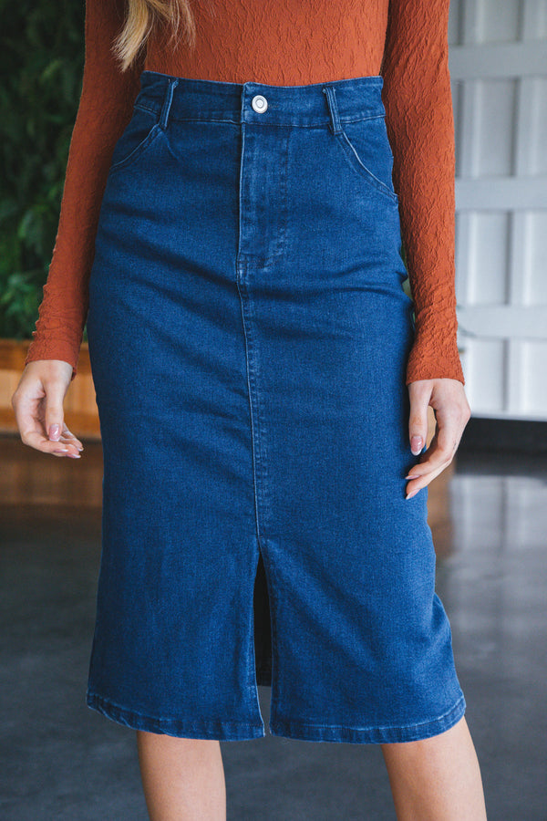 Jessica Denim Midi Skirt, Washed Indigo | Sadie & Sage