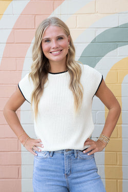 Amelia Contrast Trim Sweater Top, Cream