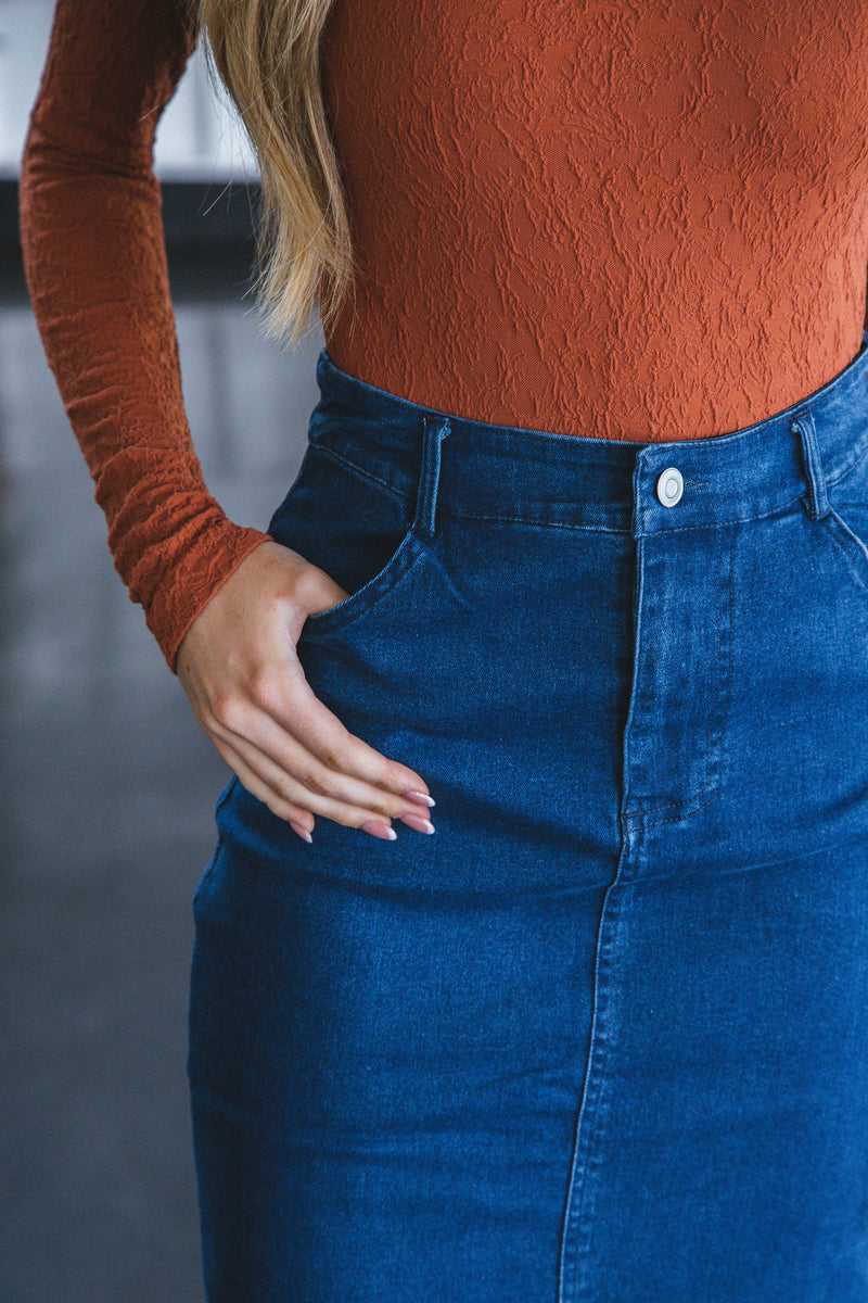 Jessica Denim Midi Skirt, Washed Indigo | Sadie & Sage
