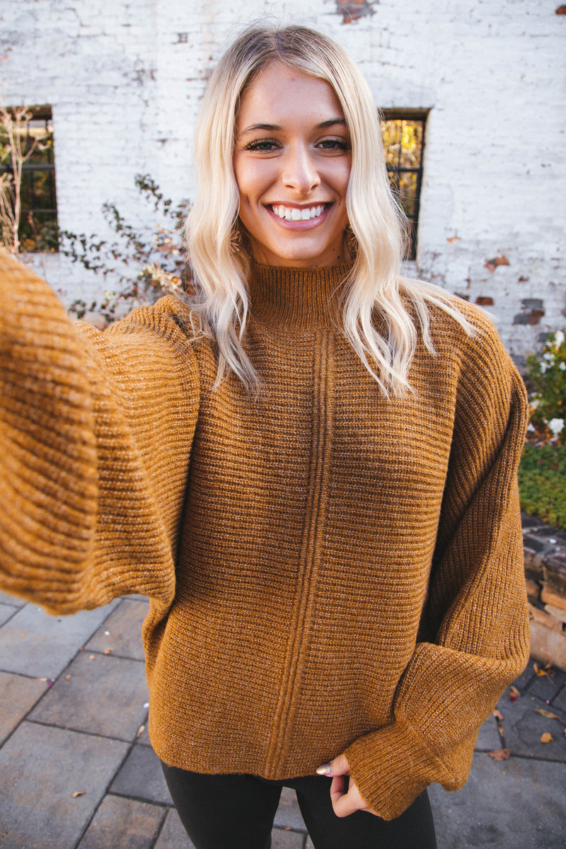 Elsie Chunky Mock Neck Sweater, Pale Brown