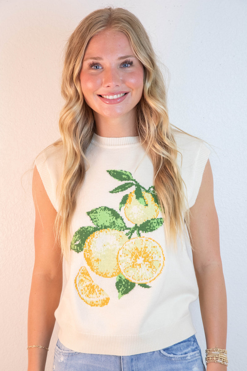 Florence Sleeveless Lemon Print Sweater, Ivory-Lemon