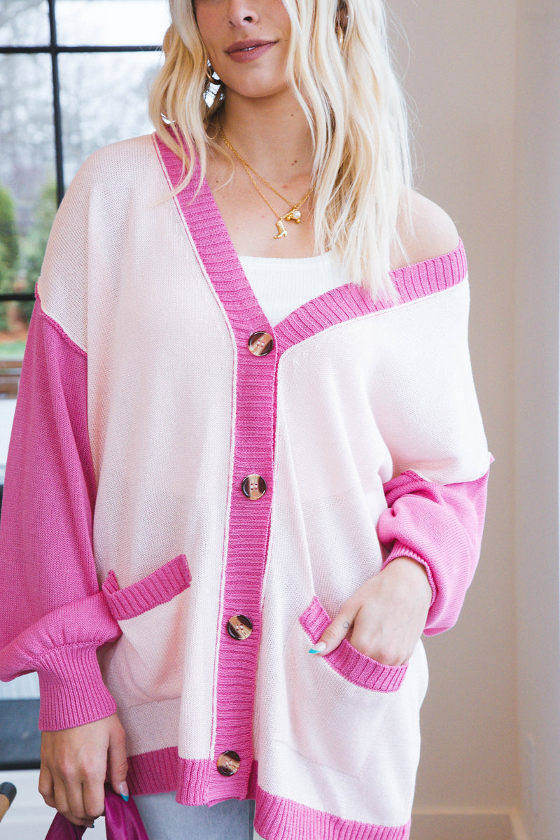 Elliana Colorblock Long Cardigan, Hot Pink Multi