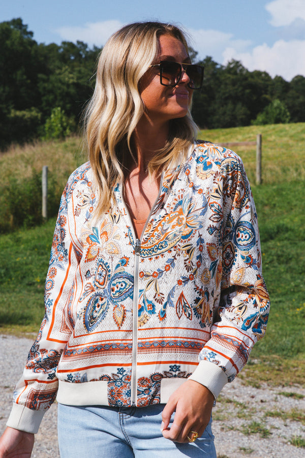 High End Reversible Paisley Bomber Jacket, Light Champagne