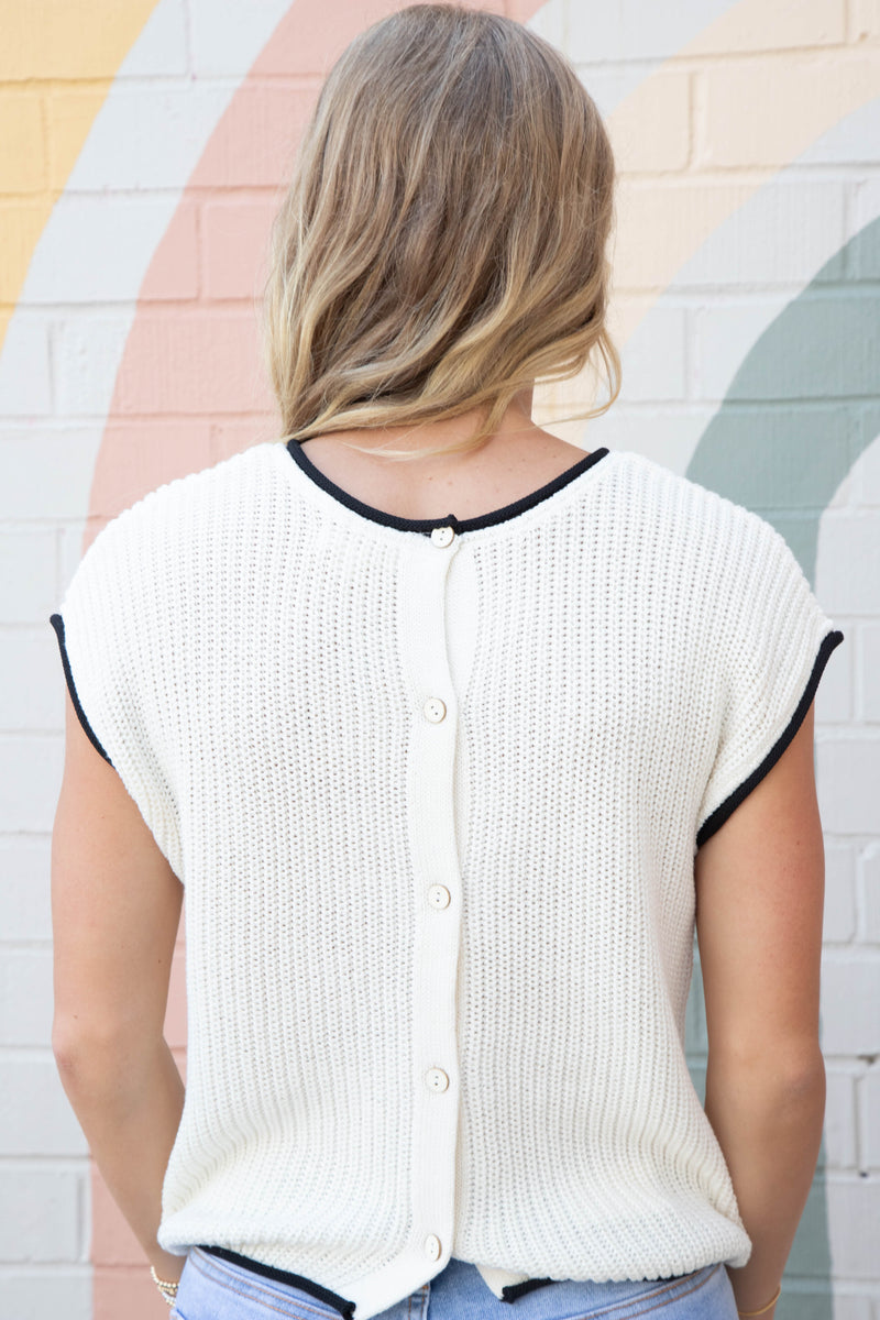 Amelia Contrast Trim Sweater Top, Cream