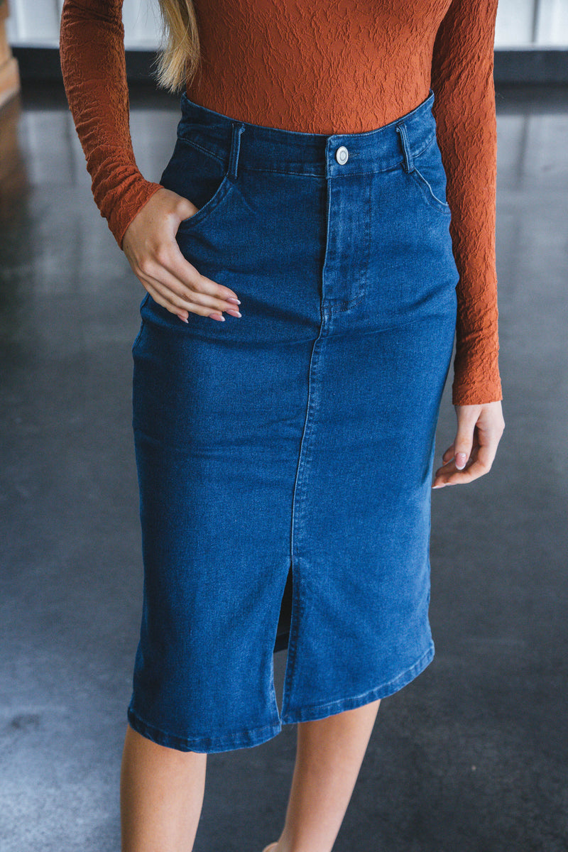 Jessica Denim Midi Skirt, Washed Indigo | Sadie & Sage