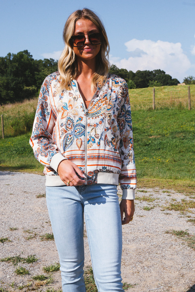 High End Reversible Paisley Bomber Jacket, Light Champagne