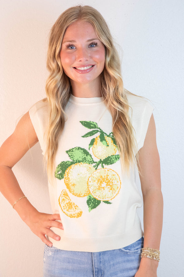 Florence Sleeveless Lemon Print Sweater, Ivory-Lemon