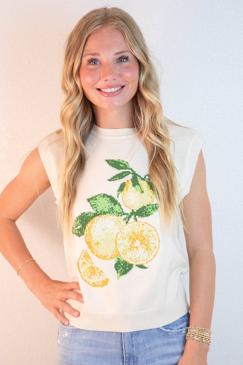 Florence Sleeveless Lemon Print Sweater, Ivory-Lemon