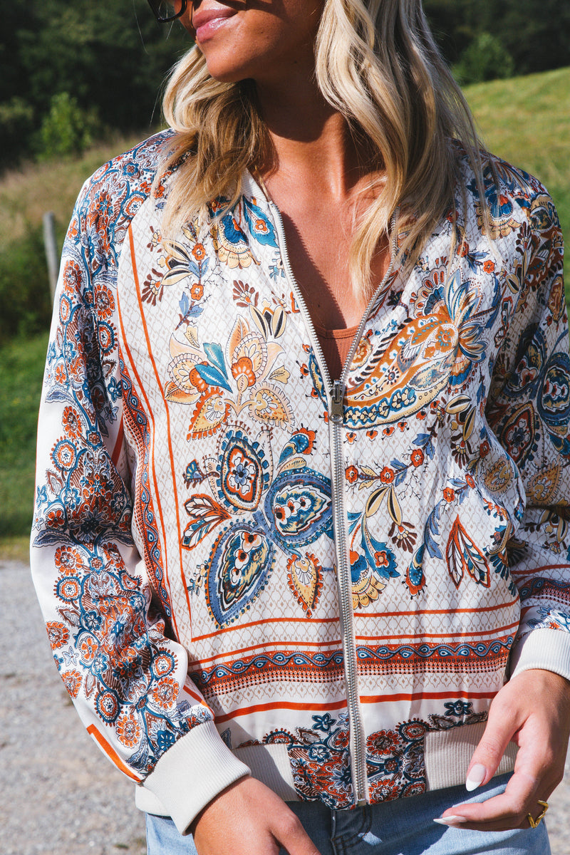 High End Reversible Paisley Bomber Jacket, Light Champagne