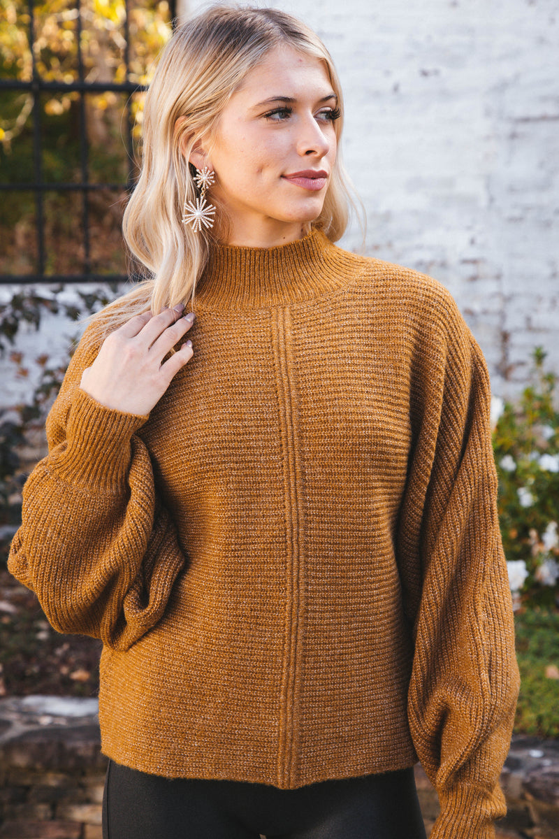 Elsie Chunky Mock Neck Sweater, Pale Brown