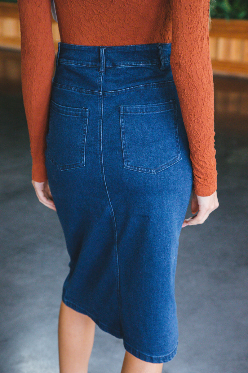 Jessica Denim Midi Skirt, Washed Indigo | Sadie & Sage