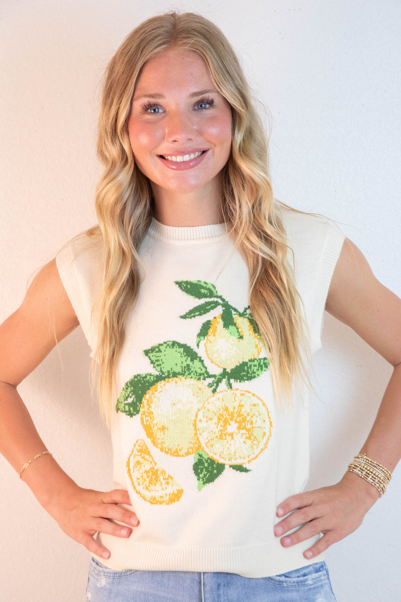 Florence Sleeveless Lemon Print Sweater, Ivory-Lemon