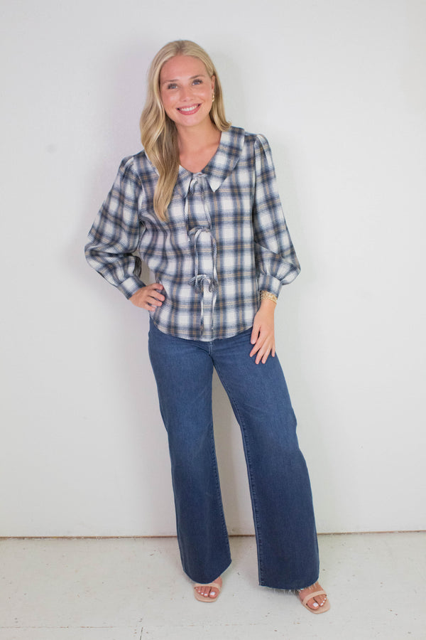 Raelynn Peter Pan Collared Shirt, Cream-Blue Plaid